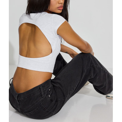 Women's open back cap sleeve t shirts crew neck crop tees
