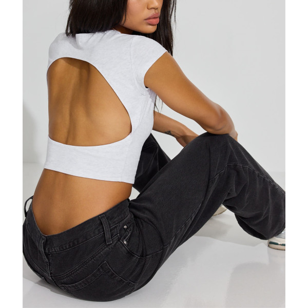 Women's open back cap sleeve t shirts crew neck crop tees
