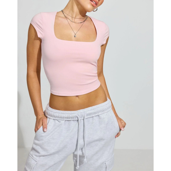 Women's square neck short sleeve crop tee versatile lightweight active t shirts