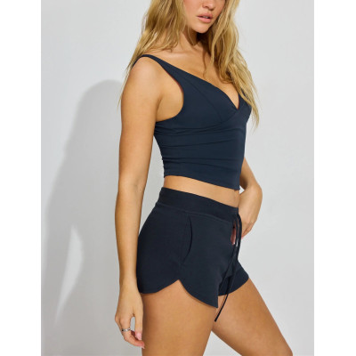 Women's low rise cotton lounge shorts with side slit adjustable waistband mini length shorts