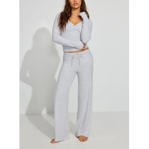 New arrival women's lightweight cotton lounge sets long sleeve v neck shirts with wide leg lounge pants sets