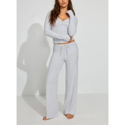 New arrival women's lightweight cotton lounge sets long sleeve v neck shirts with wide leg lounge pants sets