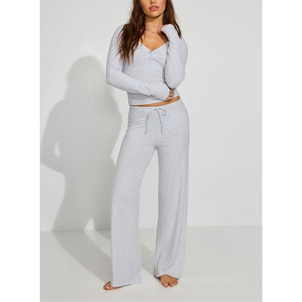 New arrival women's lightweight cotton lounge sets long sleeve v neck shirts with wide leg lounge pants sets