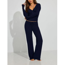 New arrival women's lightweight cotton lounge sets long sleeve v neck shirts with wide leg lounge pants sets