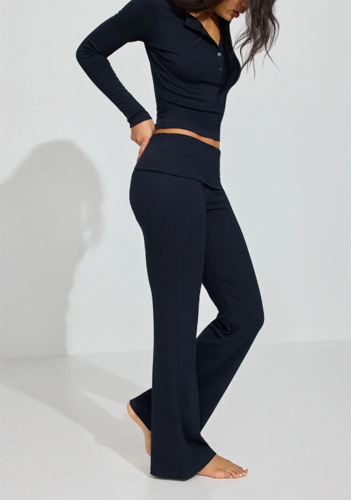 Women's fold over cotton ribbed flared pants fitted lounge sweatpants