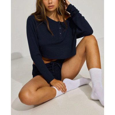 Women's new style off shoulder waffle t shirts long sleeve relaxed fit crop top