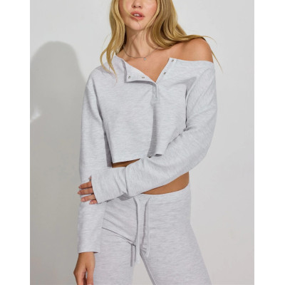 Women's new style off shoulder waffle t shirts long sleeve relaxed fit crop top