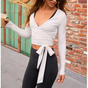 Women's elegant long sleeve wrap top buttery soft ballet crop top