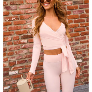 Women's elegant long sleeve wrap top buttery soft ballet crop top