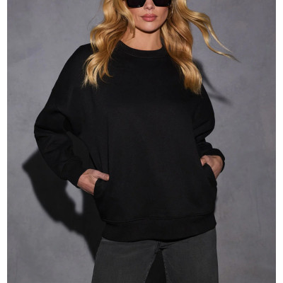Women's cotton fleece crew neck sweatshirts long sleeve drop shoulder pullovers with side pockets