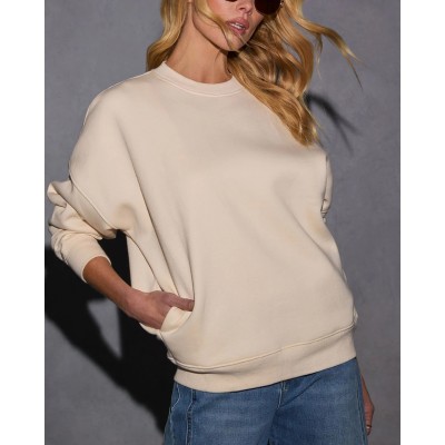 Women's cotton fleece crew neck sweatshirts long sleeve drop shoulder pullovers with side pockets