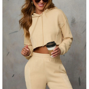 New arrival cotton fleece raw edge cropped hoodies for women