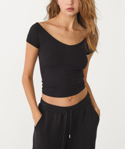 Women's V big ribbed t shirts open back tees lightweight slim fit crop top