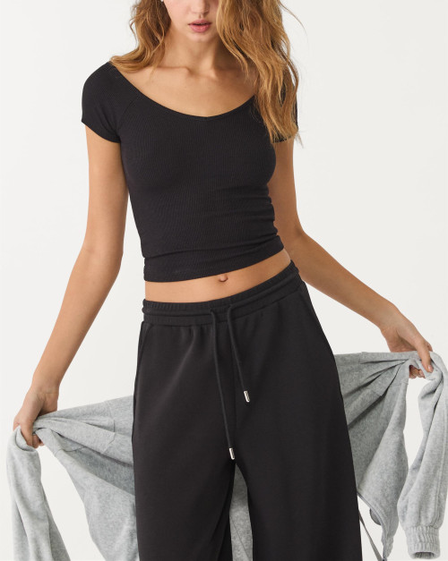 Women's V big ribbed t shirts open back tees lightweight slim fit crop top