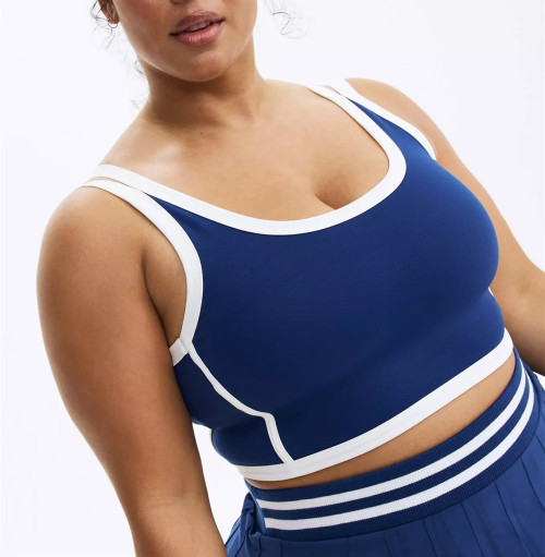 Women's plus size medium support sports bra with removable padding color block scoop neck yoga bra