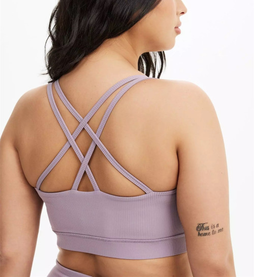 Women's plus size ribbed strappy back sports bra sleeveless padded crop top