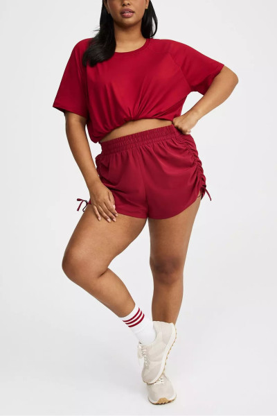 Elastic wasit side cinched running shorts with welt pockets