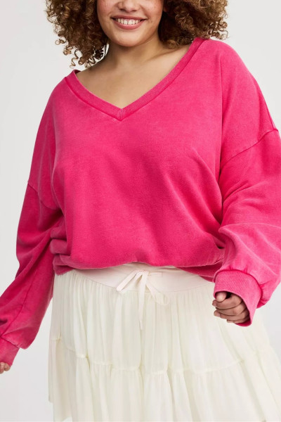 Women's v neck cotton blend pullovers drop shoulder relaxed fit sweatshirts