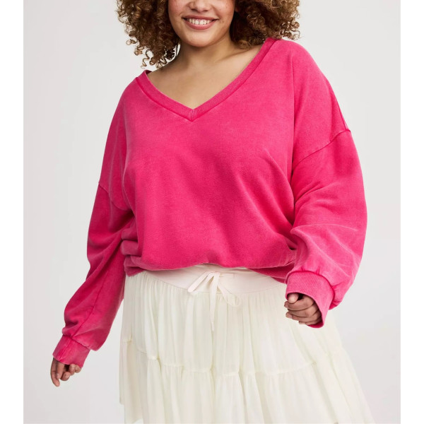 Women's v neck cotton blend pullovers drop shoulder relaxed fit sweatshirts