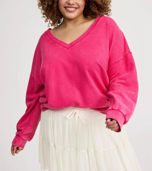 Women's v neck cotton blend pullovers drop shoulder relaxed fit sweatshirts