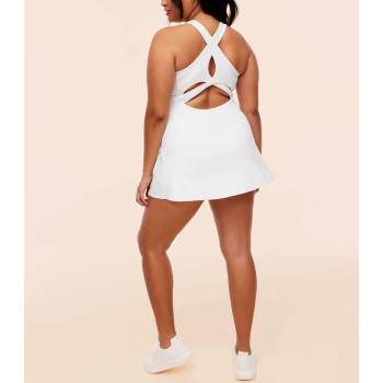 Women's hollow back active dress with built in shorts crew neck back cross tennis dress