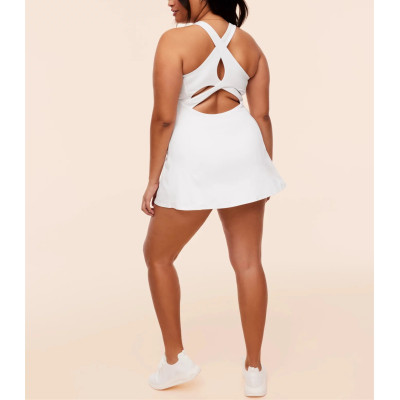 Women's hollow back active dress with built in shorts crew neck back cross tennis dress