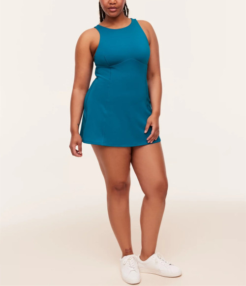 Women's hollow back active dress with built in shorts crew neck back cross tennis dress
