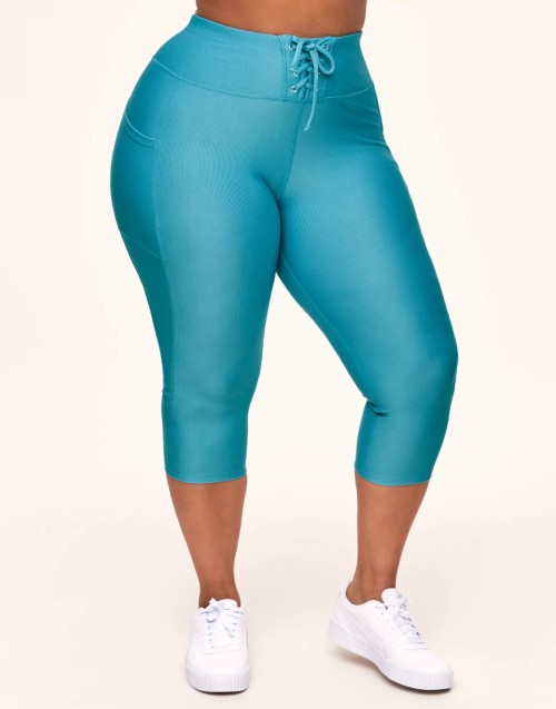 Women's rib lace up crop leggings with side pockets high waisted yoga capris