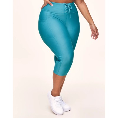 Women's rib lace up crop leggings with side pockets high waisted yoga capris