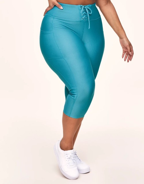 Women's rib lace up crop leggings with side pockets high waisted yoga capris