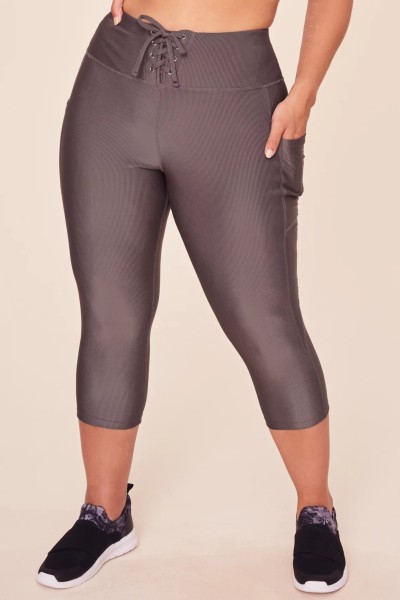 Women's rib lace up crop leggings with side pockets high waisted yoga capris