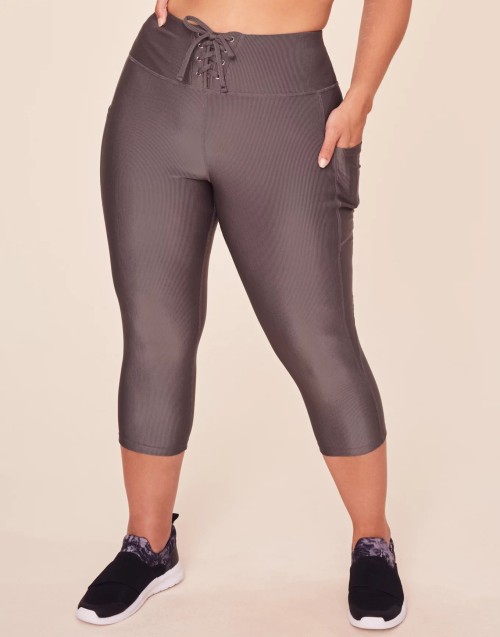 Women's rib lace up crop leggings with side pockets high waisted yoga capris