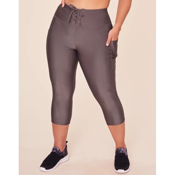 Women's rib lace up crop leggings with side pockets high waisted yoga capris