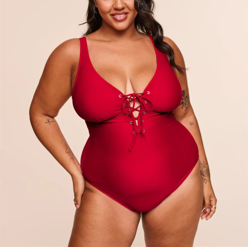 Plus size v neck lace up swimwear one piece flattering bikini sets with removable padding