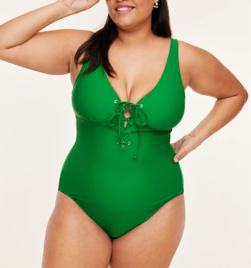 Plus size v neck lace up swimwear one piece flattering bikini sets with removable padding