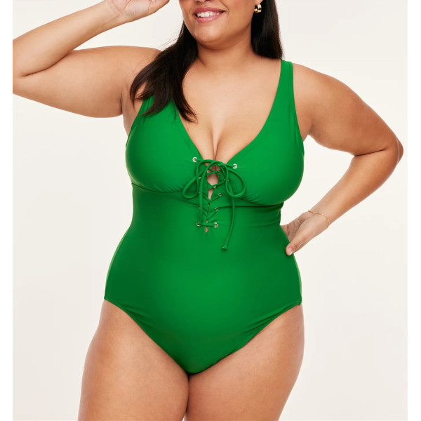 Plus size v neck lace up swimwear one piece flattering bikini sets with removable padding