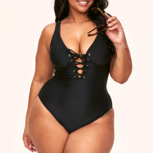 Plus size v neck lace up swimwear one piece flattering bikini sets with removable padding