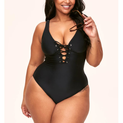 Plus size v neck lace up swimwear one piece flattering bikini sets with removable padding