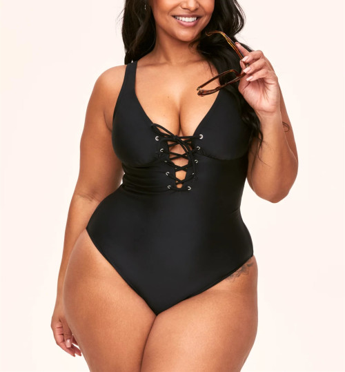 Plus size v neck lace up swimwear one piece flattering bikini sets with removable padding