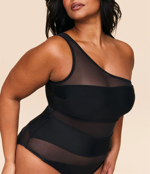 Women's one shoulder mesh spliced swimsuits with removable padding