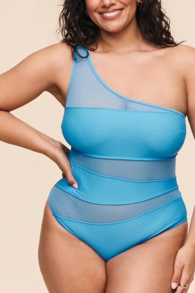 Women's one shoulder mesh spliced swimsuits with removable padding