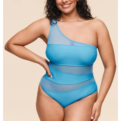 Women's one shoulder mesh spliced swimsuits with removable padding