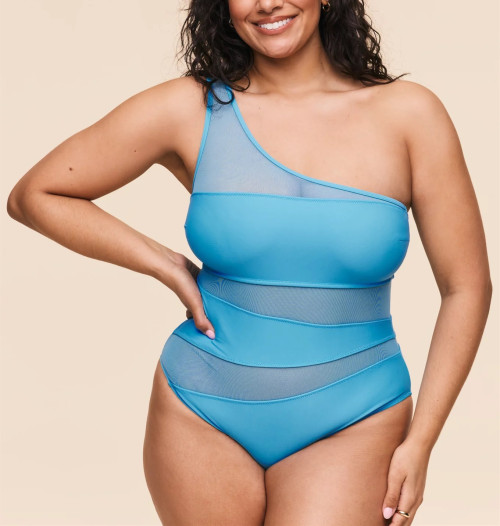 Women's one shoulder mesh spliced swimsuits with removable padding