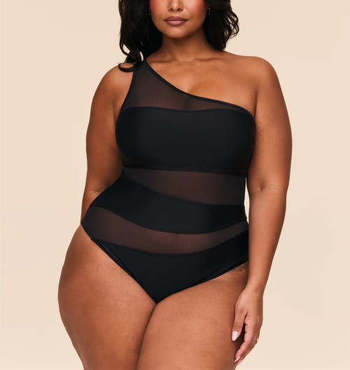 Women's one shoulder mesh spliced swimsuits with removable padding