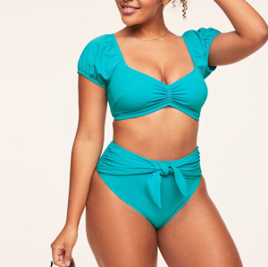 Short sleeve ruched front bikini top padded lower back swimwear