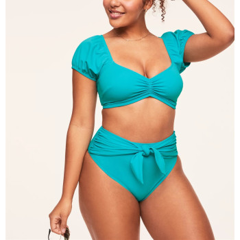 Short sleeve ruched front bikini top padded lower back swimwear