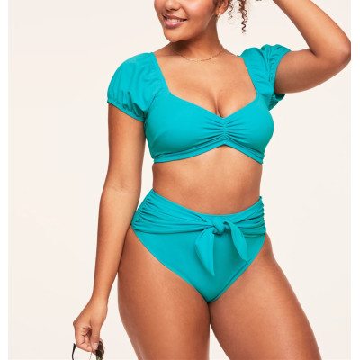 Short sleeve ruched front bikini top padded lower back swimwear