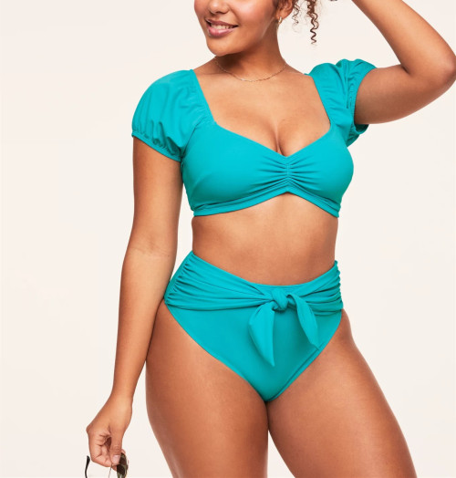 Short sleeve ruched front bikini top padded lower back swimwear