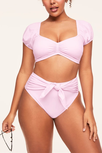 Short sleeve ruched front bikini top padded lower back swimwear