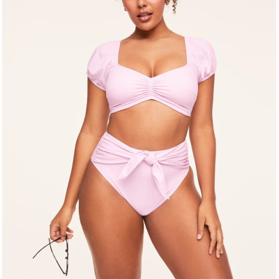Short sleeve ruched front bikini top padded lower back swimwear